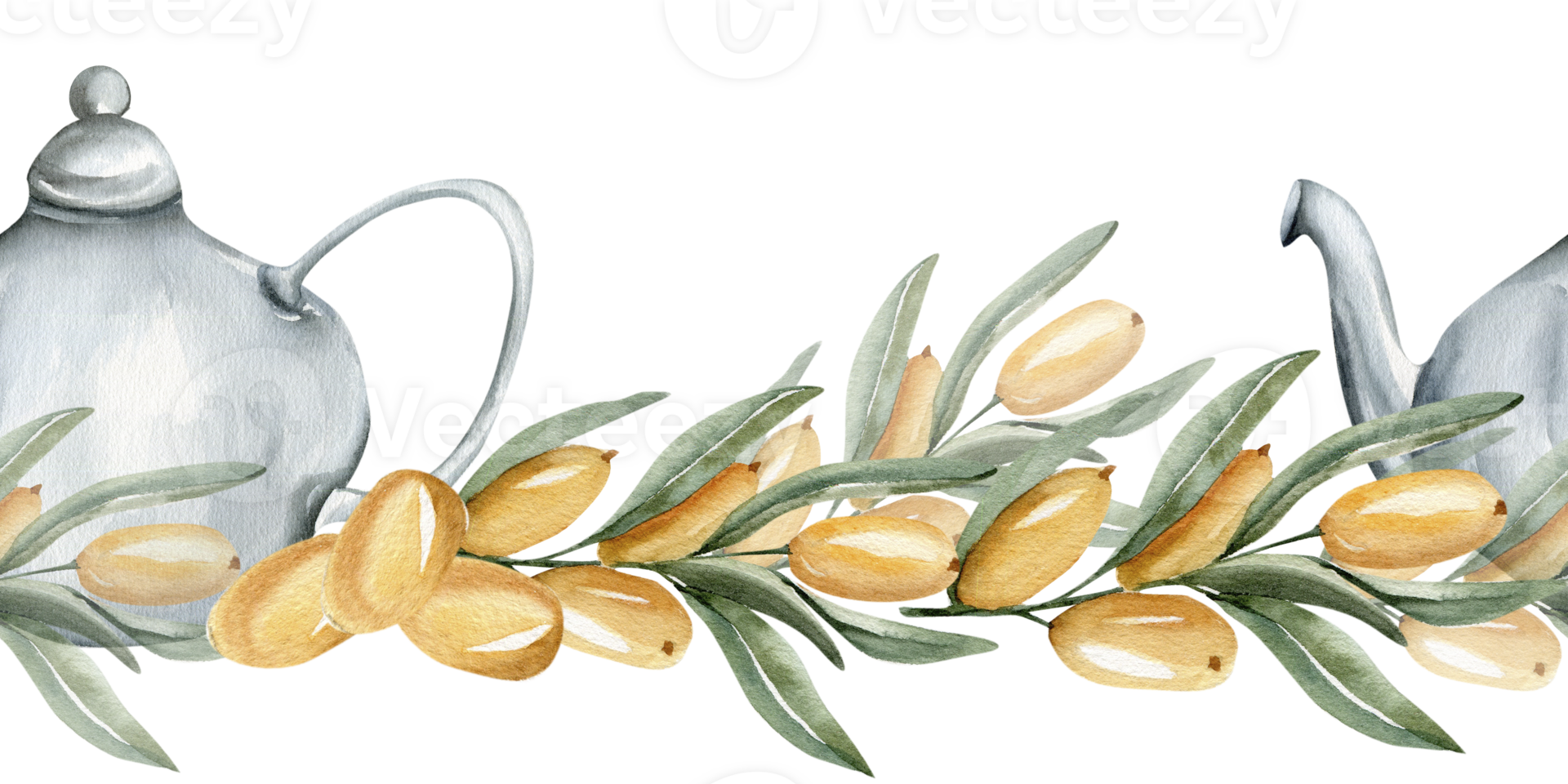 Watercolor orange buckthorns berries with green leaves and empty glass tea pot seamless border. Hand drawn banner for restaurant autumn menu, drink packing, poster, wallpaper, fabric design. Medicine png