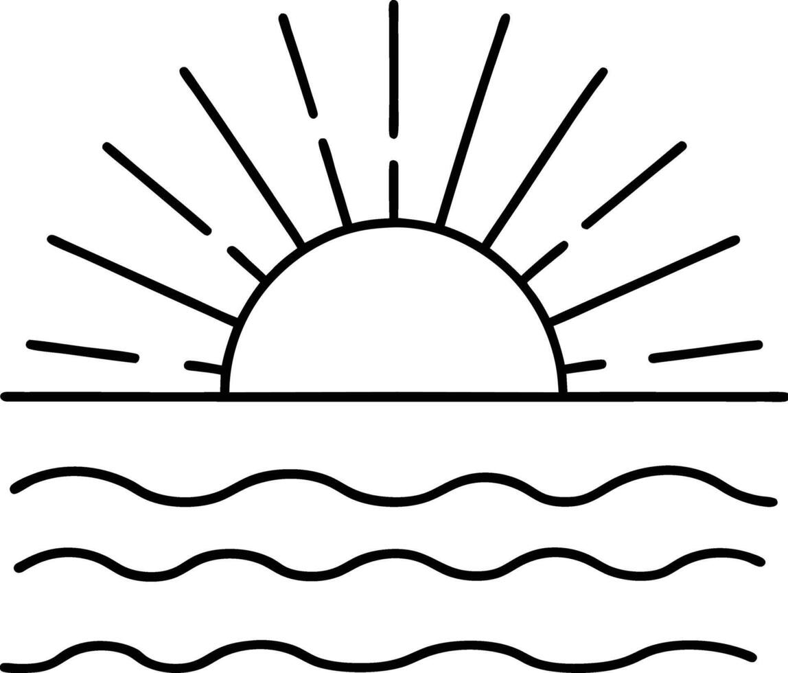 Sunrise outline art illustration design on the water waves vector