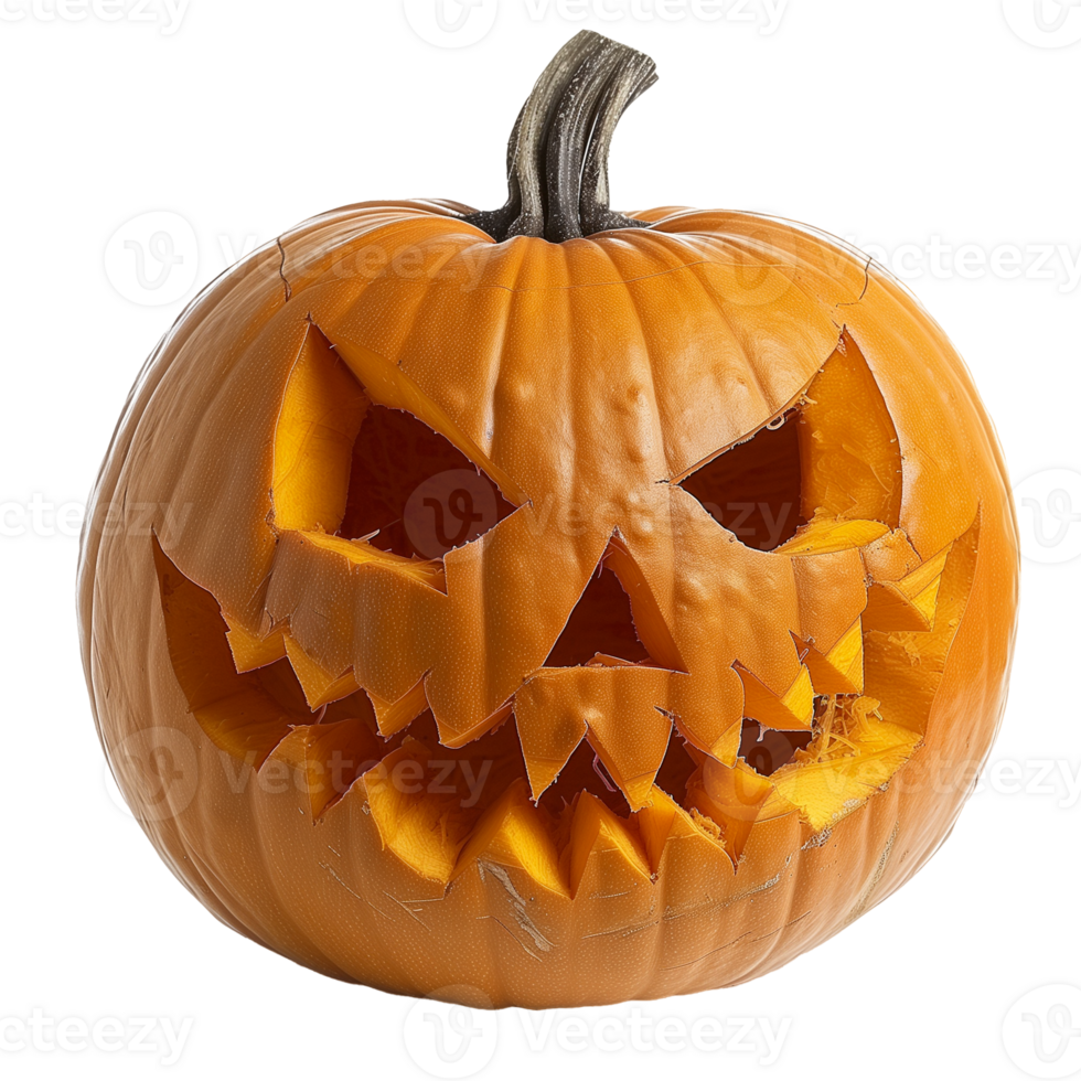 Halloween Jack-O'-Lantern Pumpkin Isolated on Transparent Background with Two Menacing Faces, Close-Up Spooky Autumn Holiday Symbol Carved Orange Gourd Seasonal Decoration Front View png