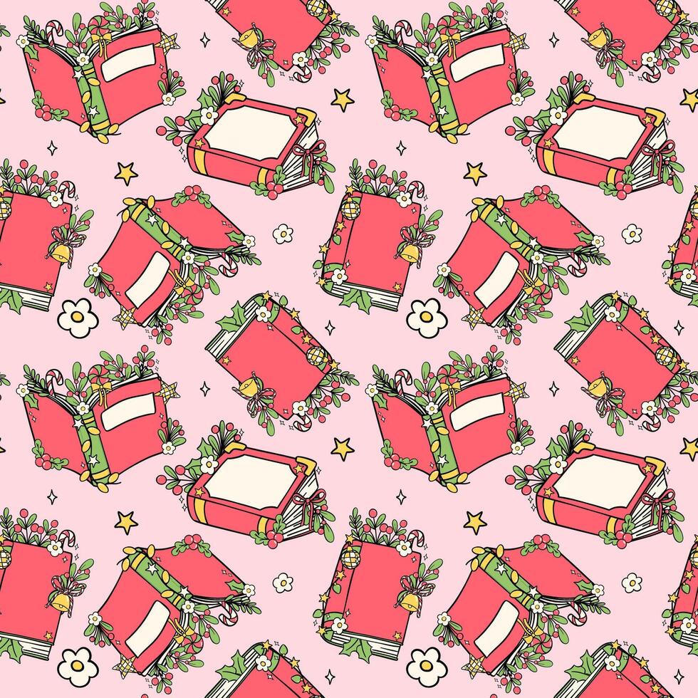 Christmas Book Seamless Pattern Groovy Retro Bold Doodle Vibrant Colors isolated on background vector