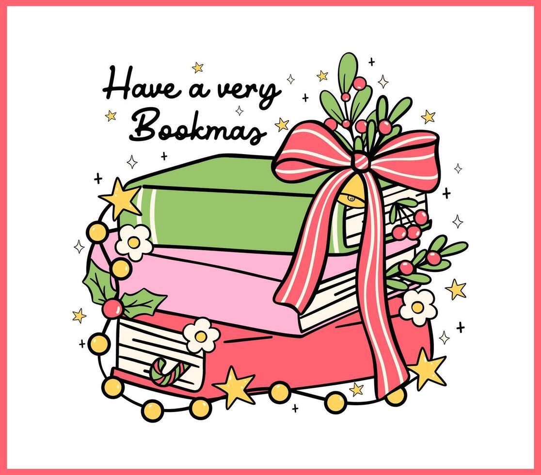 Christmas books doodle Drawn Festive retro stack book gift for greeting cards, stickers, and shirt designs. vector