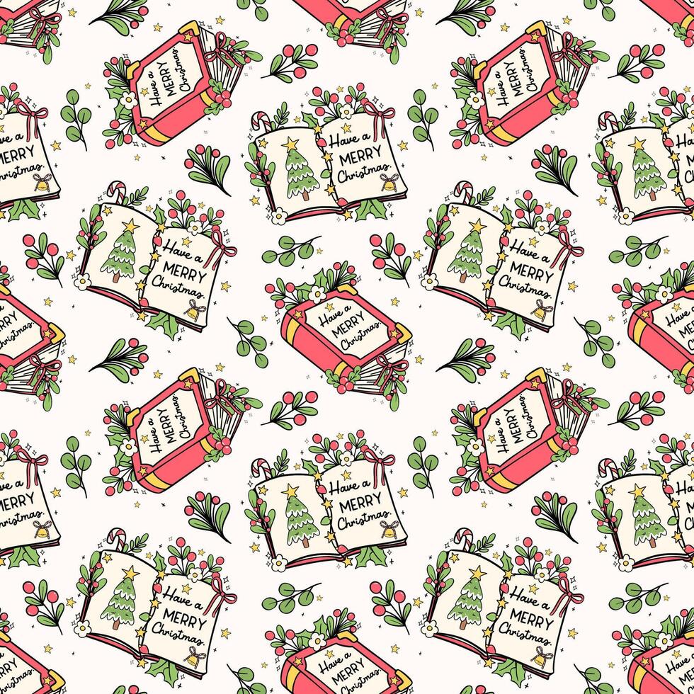 Christmas Books Seamless Pattern Groovy Retro Festive Doodle isolated on background vector
