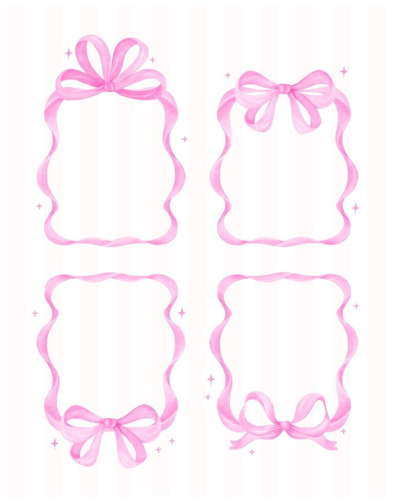 Coquette Pink Ribbon bow Vertical Frame Watercolor set Preppy Retro Grandmillennial style collection vector