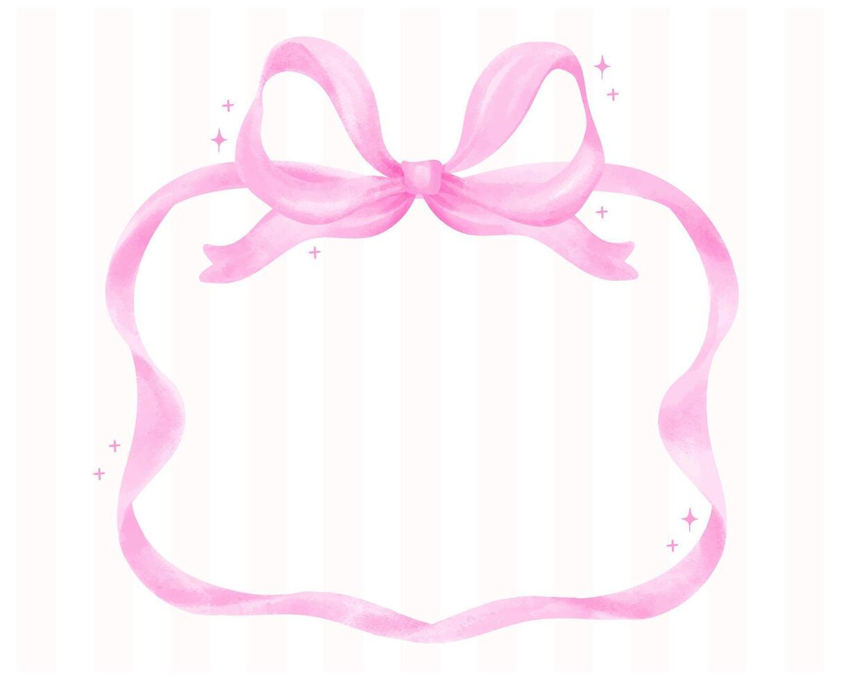 Coquette Pink Ribbon bow horizontal Frame Watercolor Preppy Retro Grandmillennial style vector