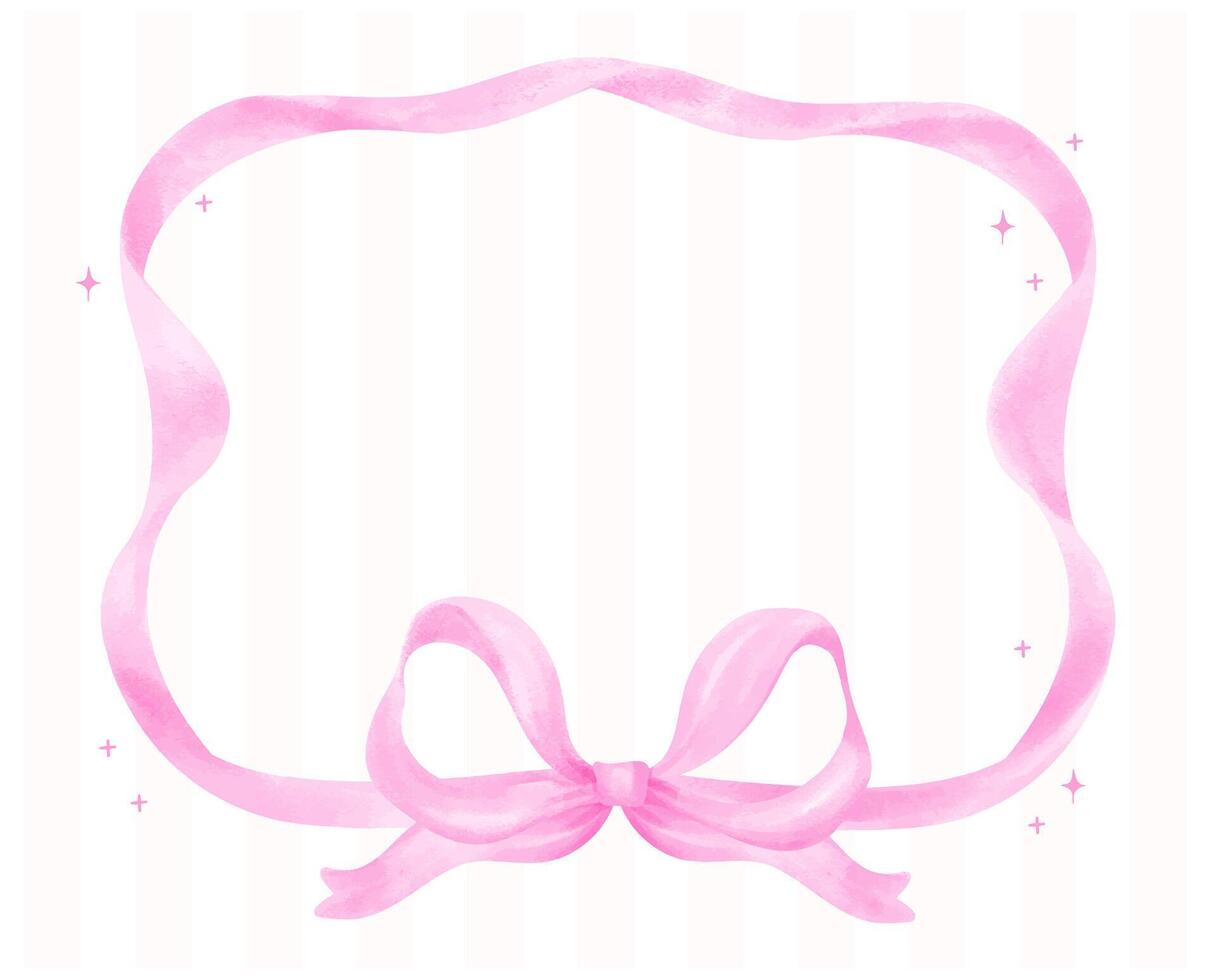 Coquette Pink Ribbon bow Preppy Frame Watercolor Girly Retro Grandmillennial style vector