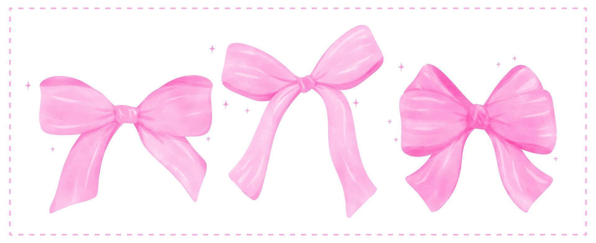 Coquette Pink Ribbon bow Watercolor Girly banner Retro Grandmillennial style collection vector