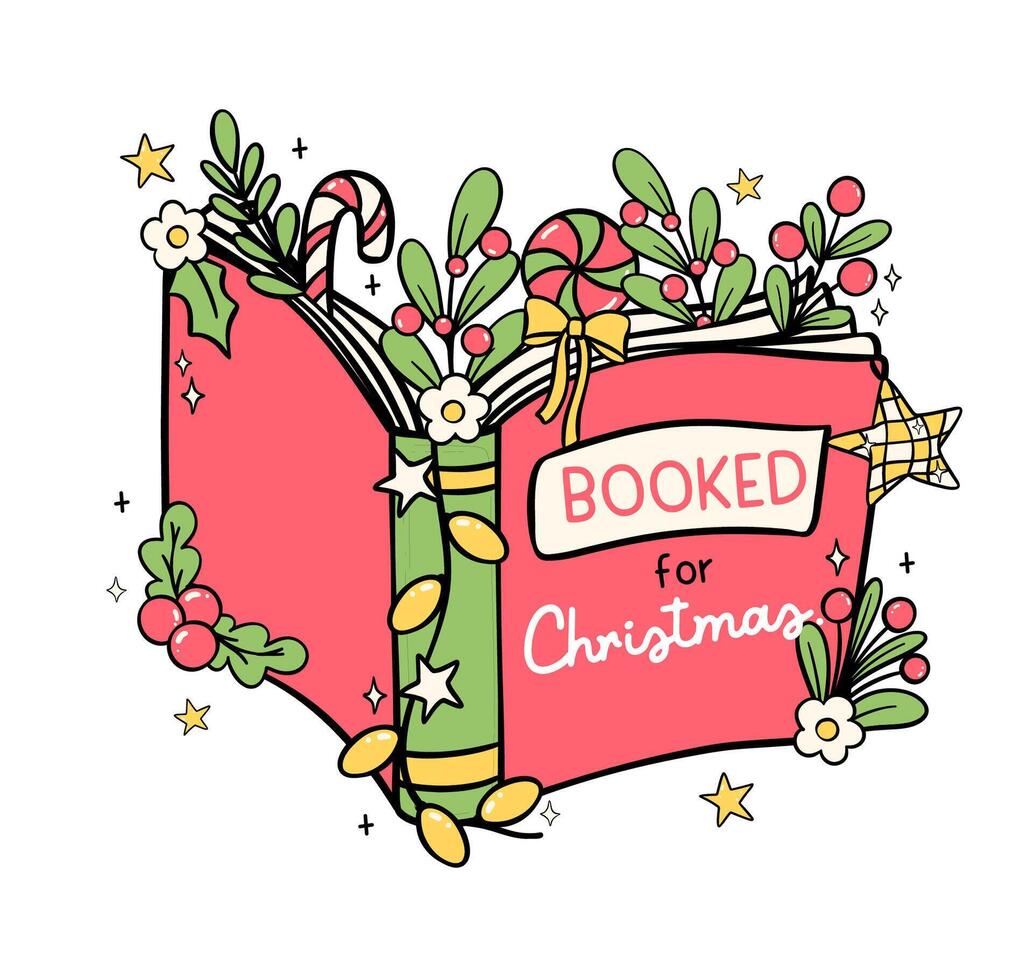 Christmas book opened doodle Drawn Festive retro groovy bookish for greeting cards, stickers, and shirt designs. vector
