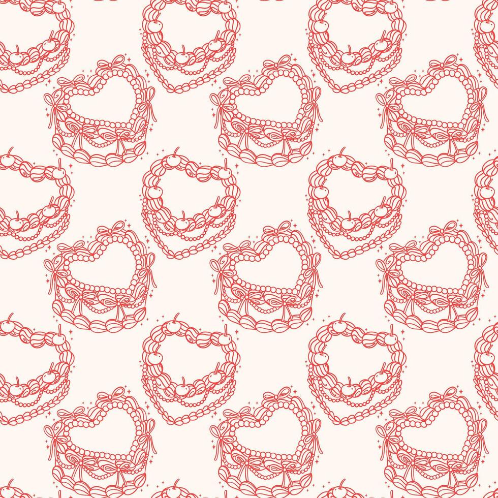Vintage Cake Coquette outline seamless pattern Retro Hand Drawn isolated on background vector