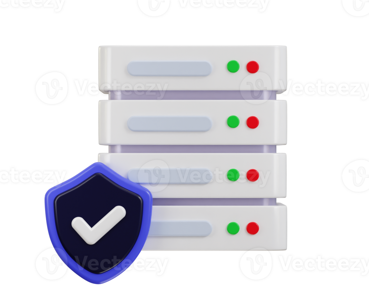 Data center with protect shield icon, server 3D icon. Server, Data, Web Hosting, cloud storage security icon 3d render png