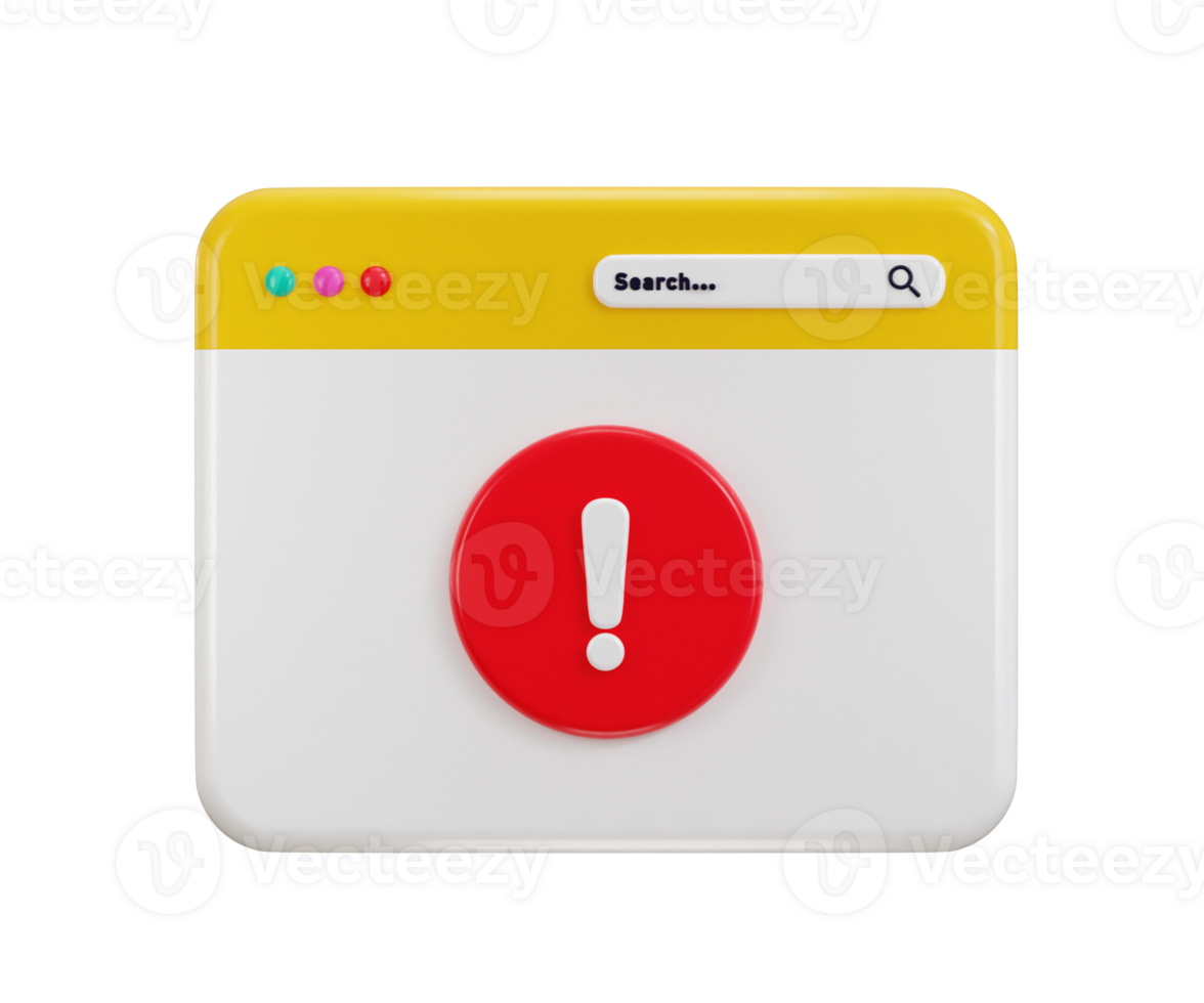 Web page with attention exclamation sign warning or danger risk message icon 3d render png