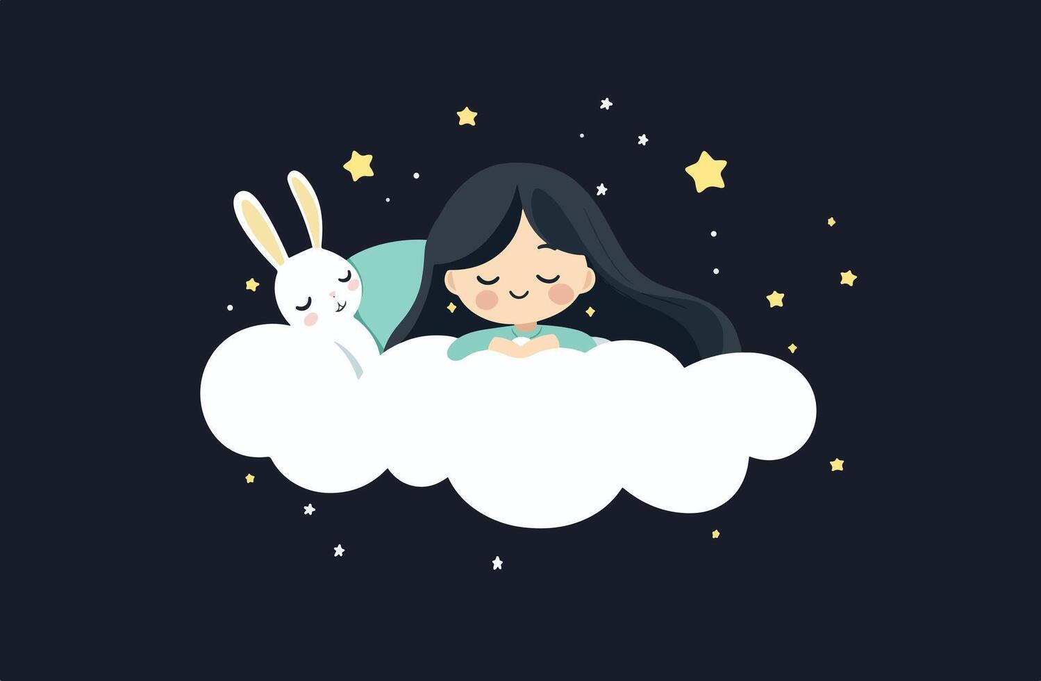 cute girl peacefully sleeping on a cloud with a stuffed bunny vector