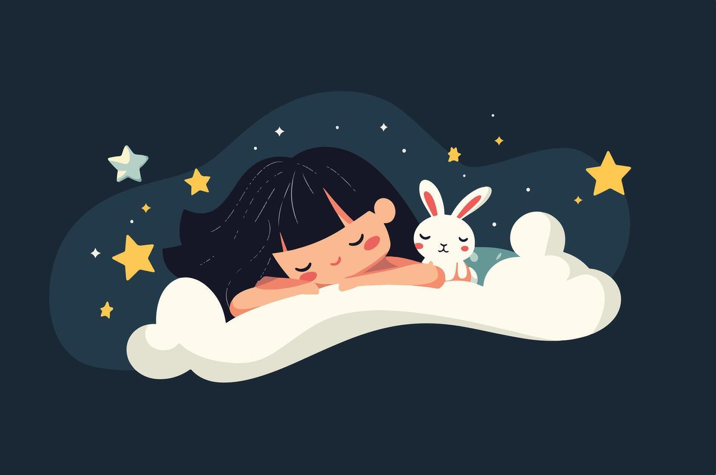little girl sleeping peacefully on a cloud, accompanied by a cute bunny, under a starry night sky. vector