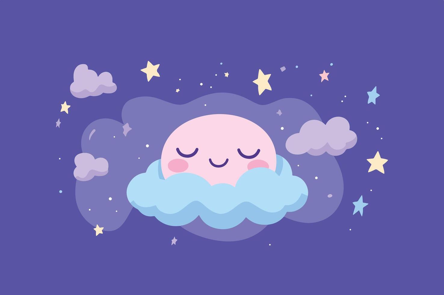 sleeping moon resting on a cloud with stars around. vector