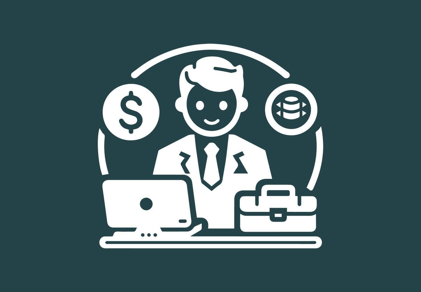 Businessman working on his Computer with business icon and symbol vector