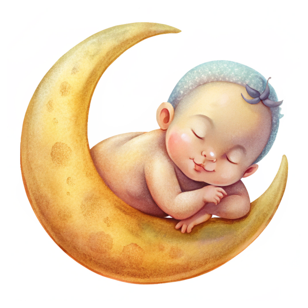 Sleeping Baby Cuddled on Crescent Moon png