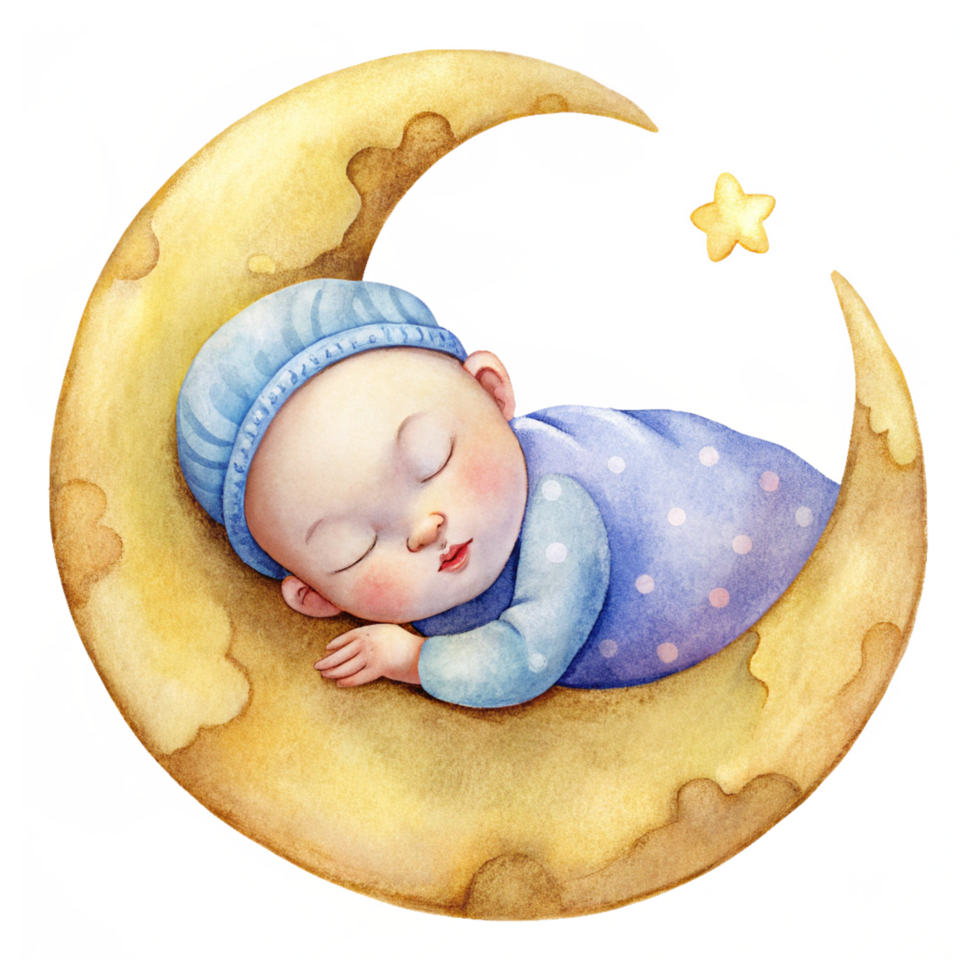 Cute Sleeping Baby on Crescent Moon Scene png