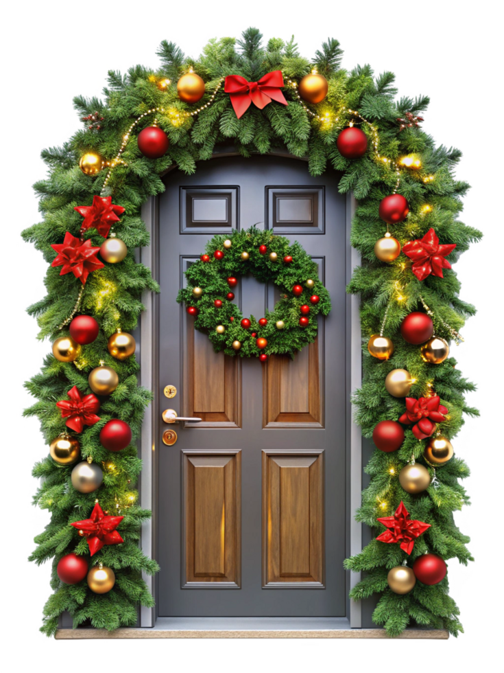 Christmas Door Decor Featuring Garland and Wreath png