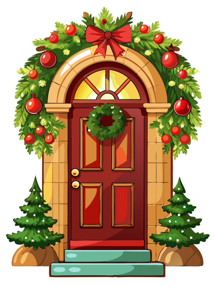 Christmas Door Design with Wreath and Garland png