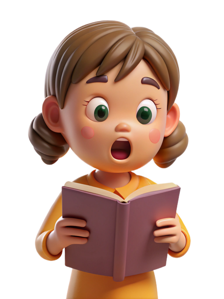 Girl in Awe Discovering a Story in a Book png