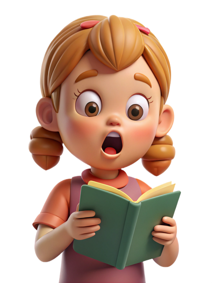 Surprised Little Girl Holding a Book with Wonder png