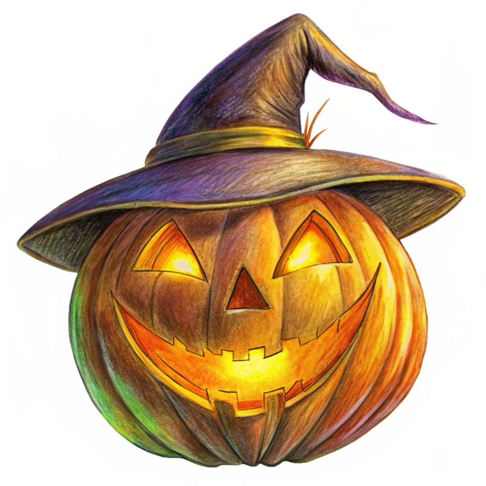 Glowing Pumpkin in Witch Hat Halloween Decor png