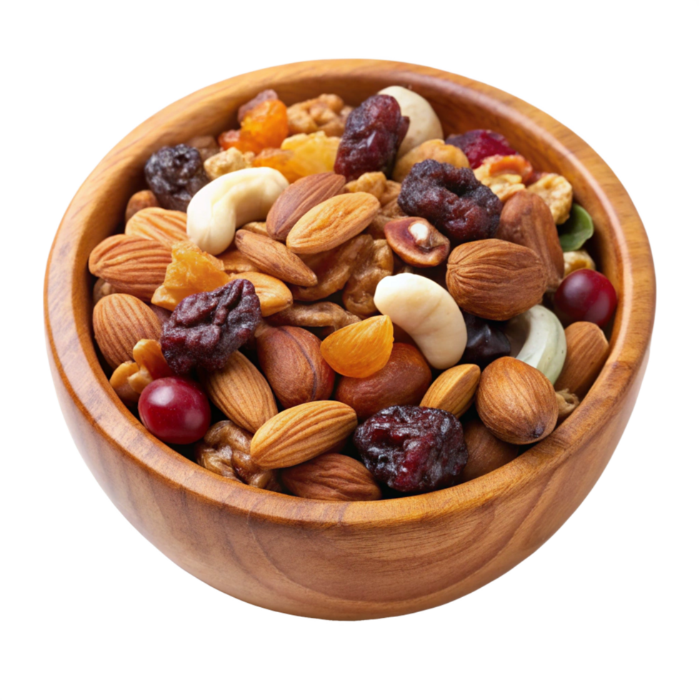 Wooden Bowl Holding Mixed Nuts and Dried Fruits png