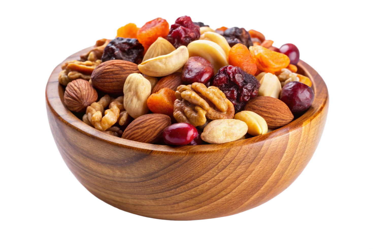 Nutritious Mix of Dried Fruits and Nuts in Wooden Bowl png
