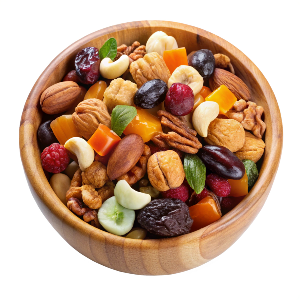 Mixed Nuts and Dried Fruits in a Rustic Bowl png