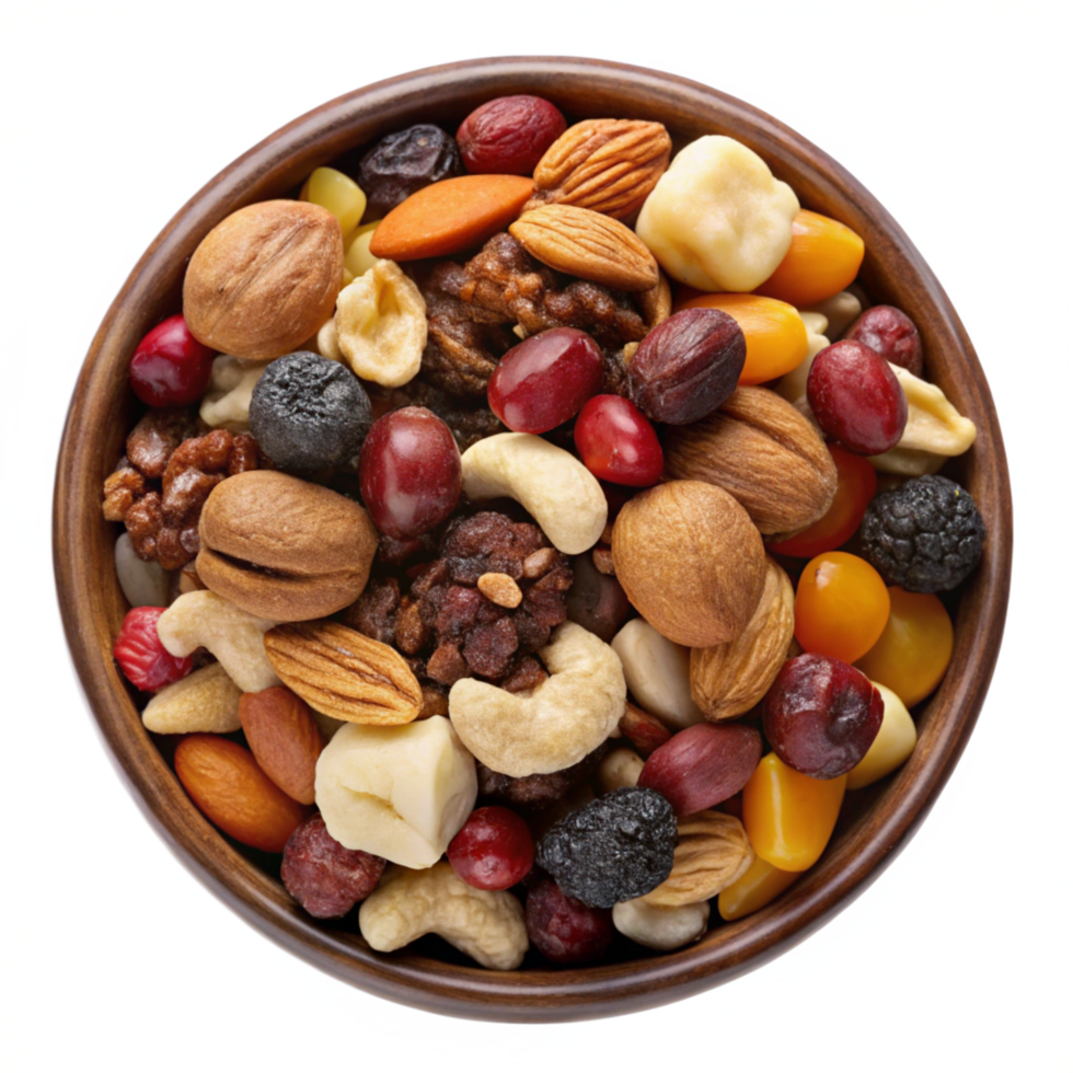 Wooden Bowl of Tasty Mixed Nuts and Dried Fruits png