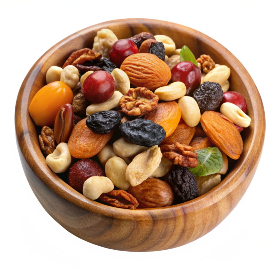 Assorted Dried Fruits and Nuts in Wooden Bowl png