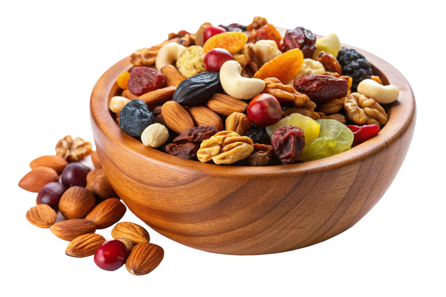 Wooden Bowl with Assorted Nuts and Dried Fruits png