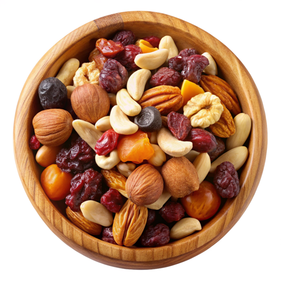 Mixed Dried Fruits and Nuts in Wooden Bowl png