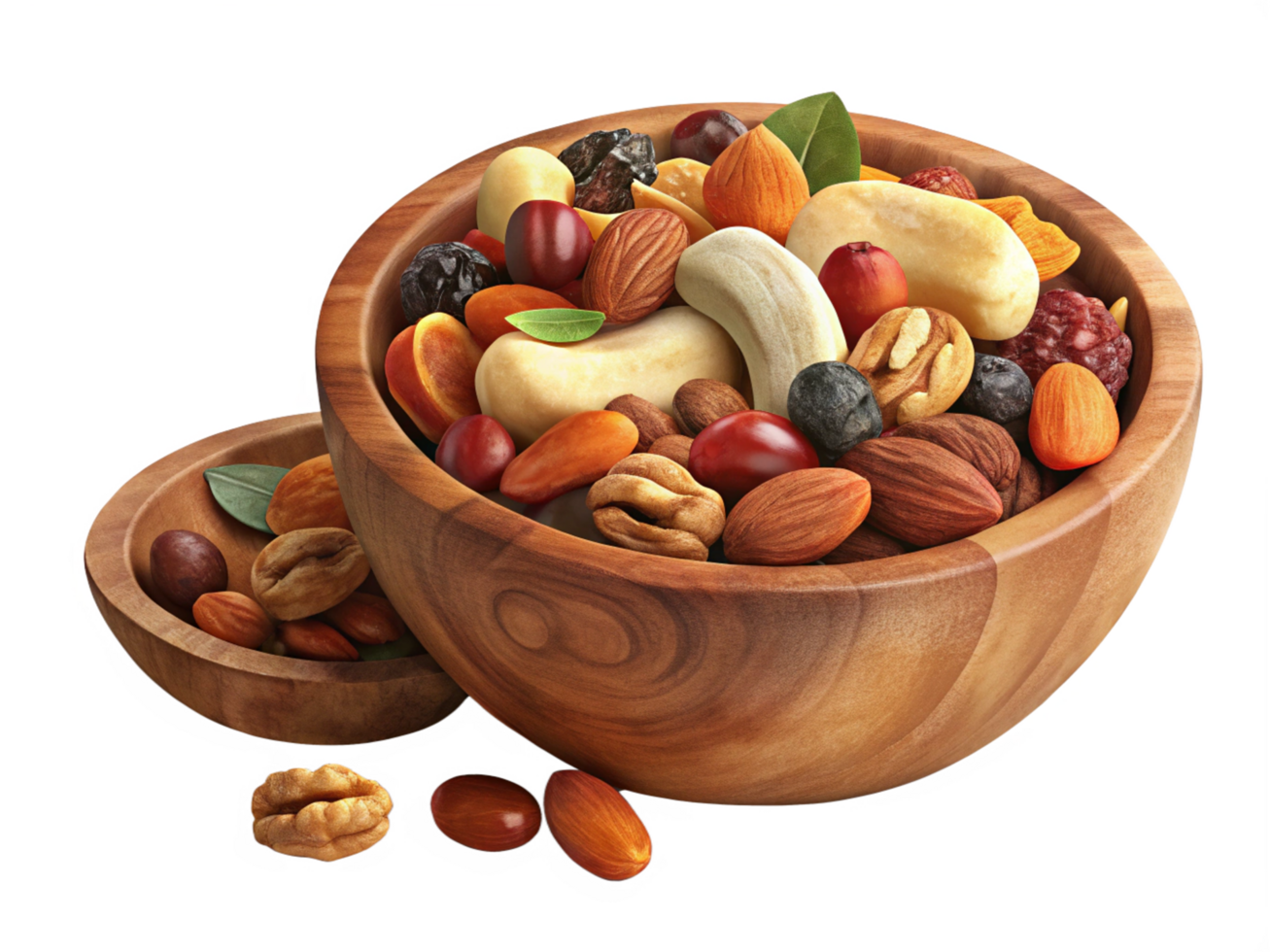 Mixed Nuts and Dried Fruit in Natural Wooden Bowl png