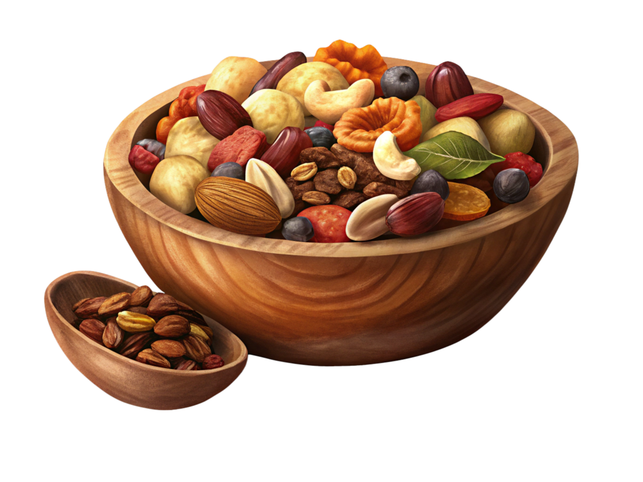 Nutritious Snack Mix in Wooden Bowl png