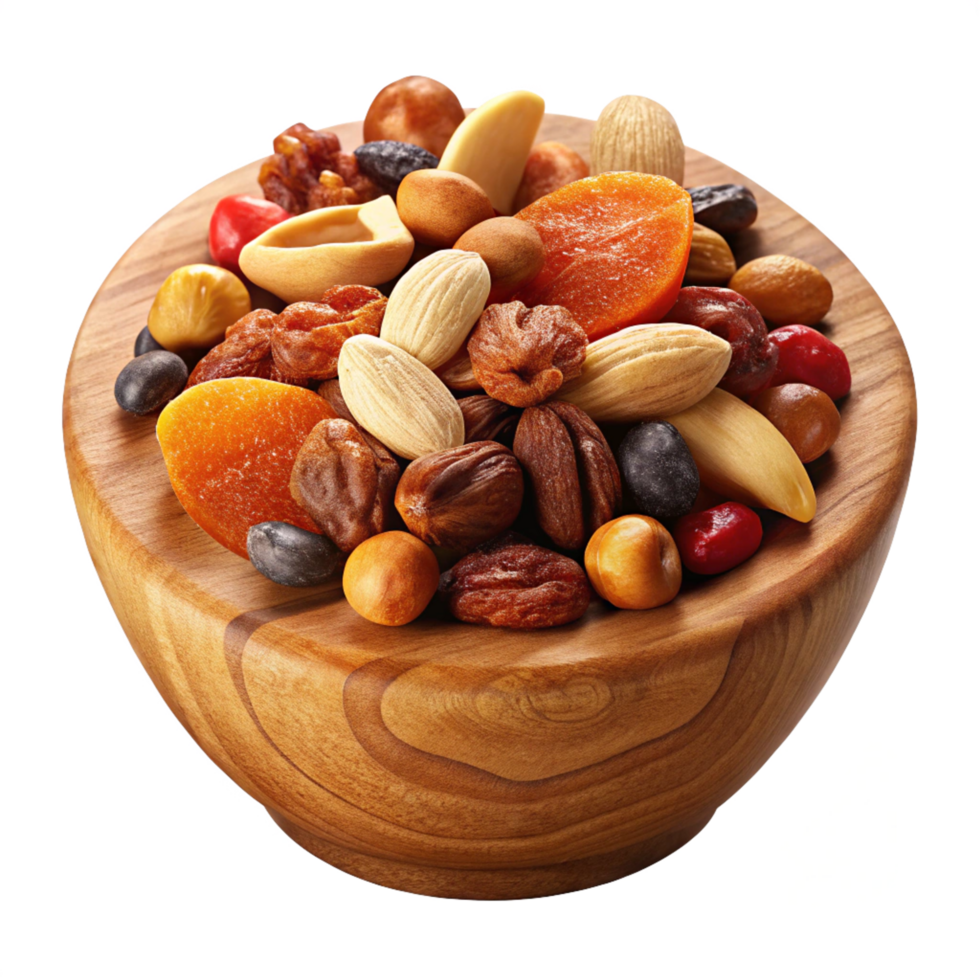 Tasty Mixed Nuts and Dried Fruits in Wooden Bowl png