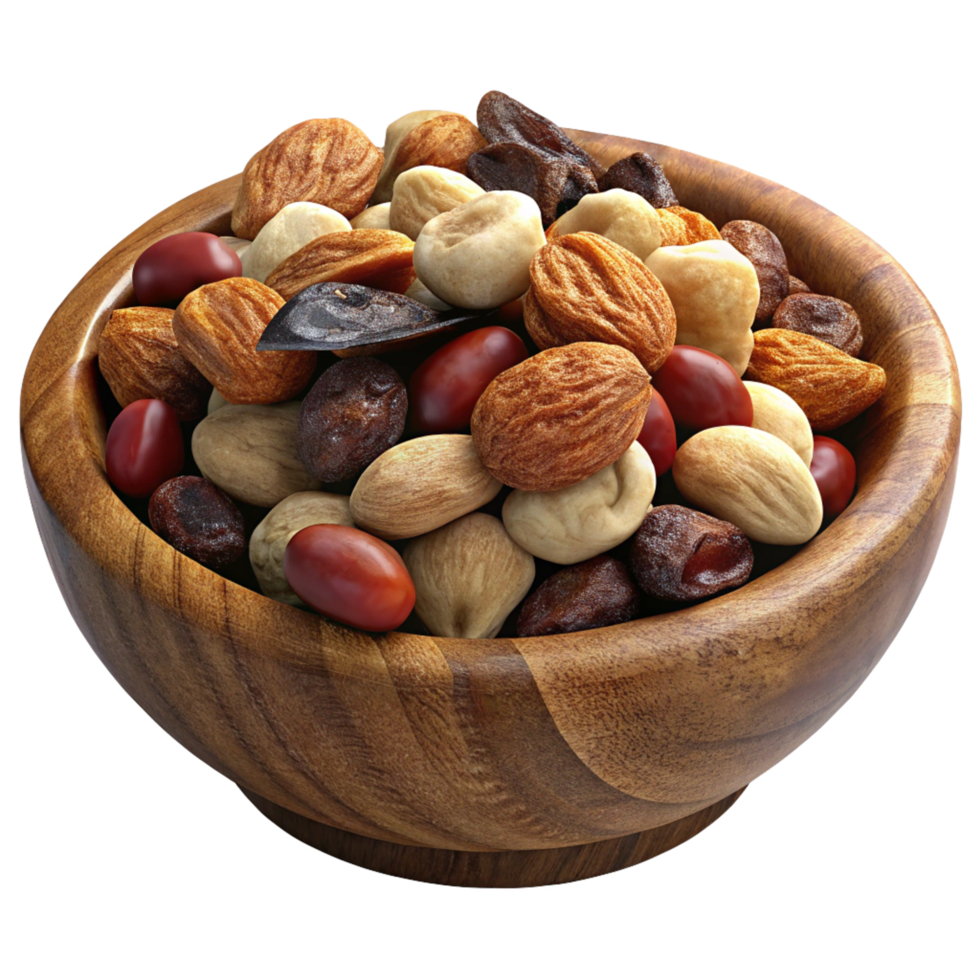 Wooden Bowl Overflowing with Nuts and Dried Fruits png