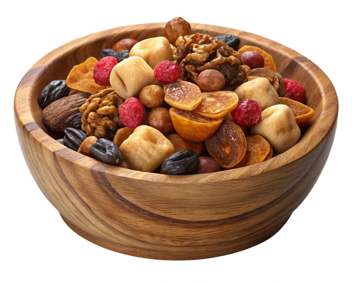 Wooden Bowl with Tasty Dried Fruits and Nuts png