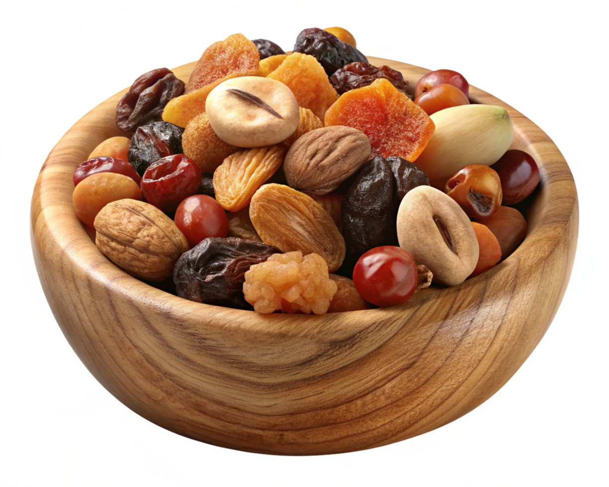 Natural Wooden Bowl of Mixed Nuts and Dried Fruits png