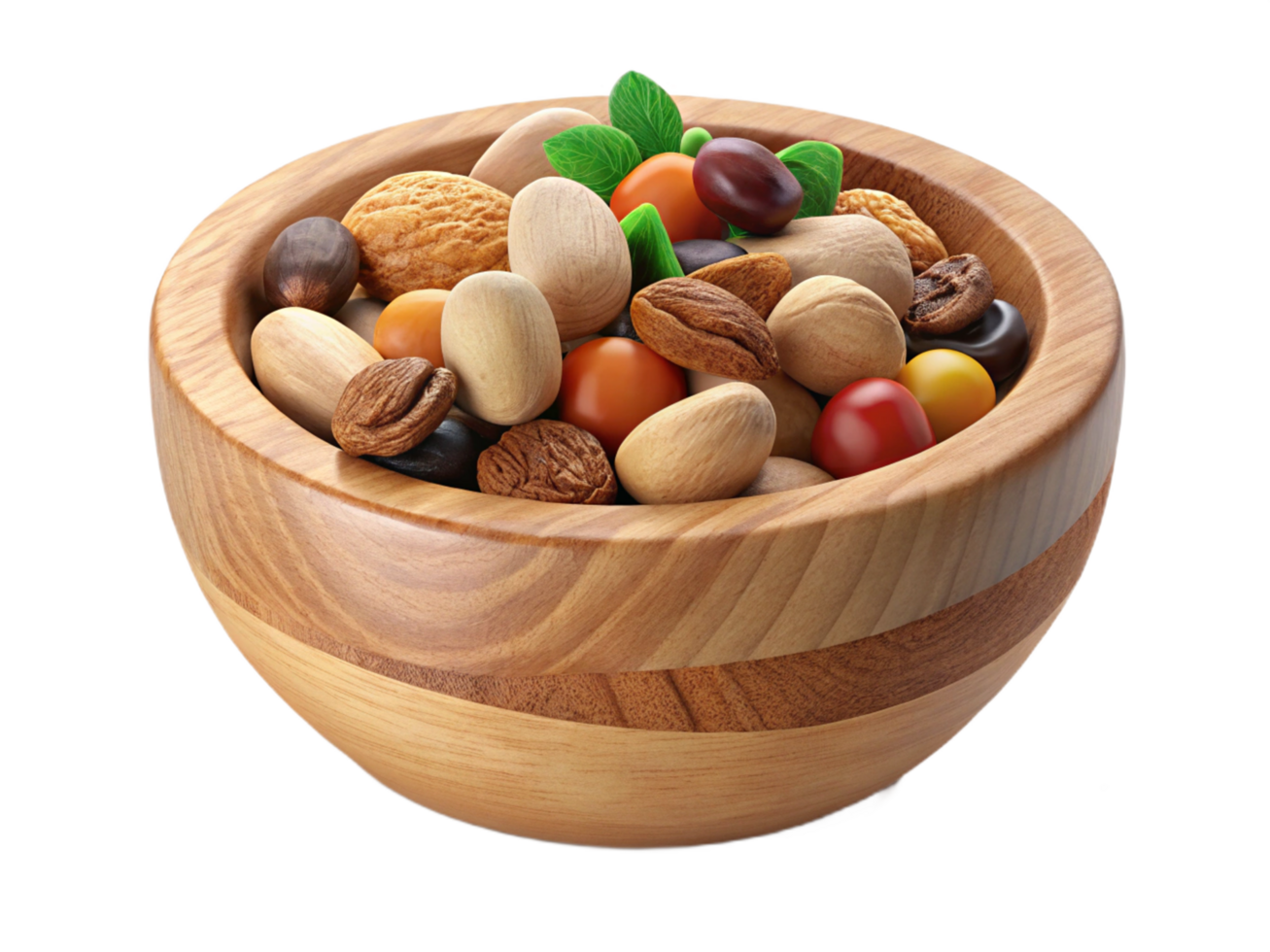 Wooden Bowl Brimming with Mixed Nuts and Dried Fruits png