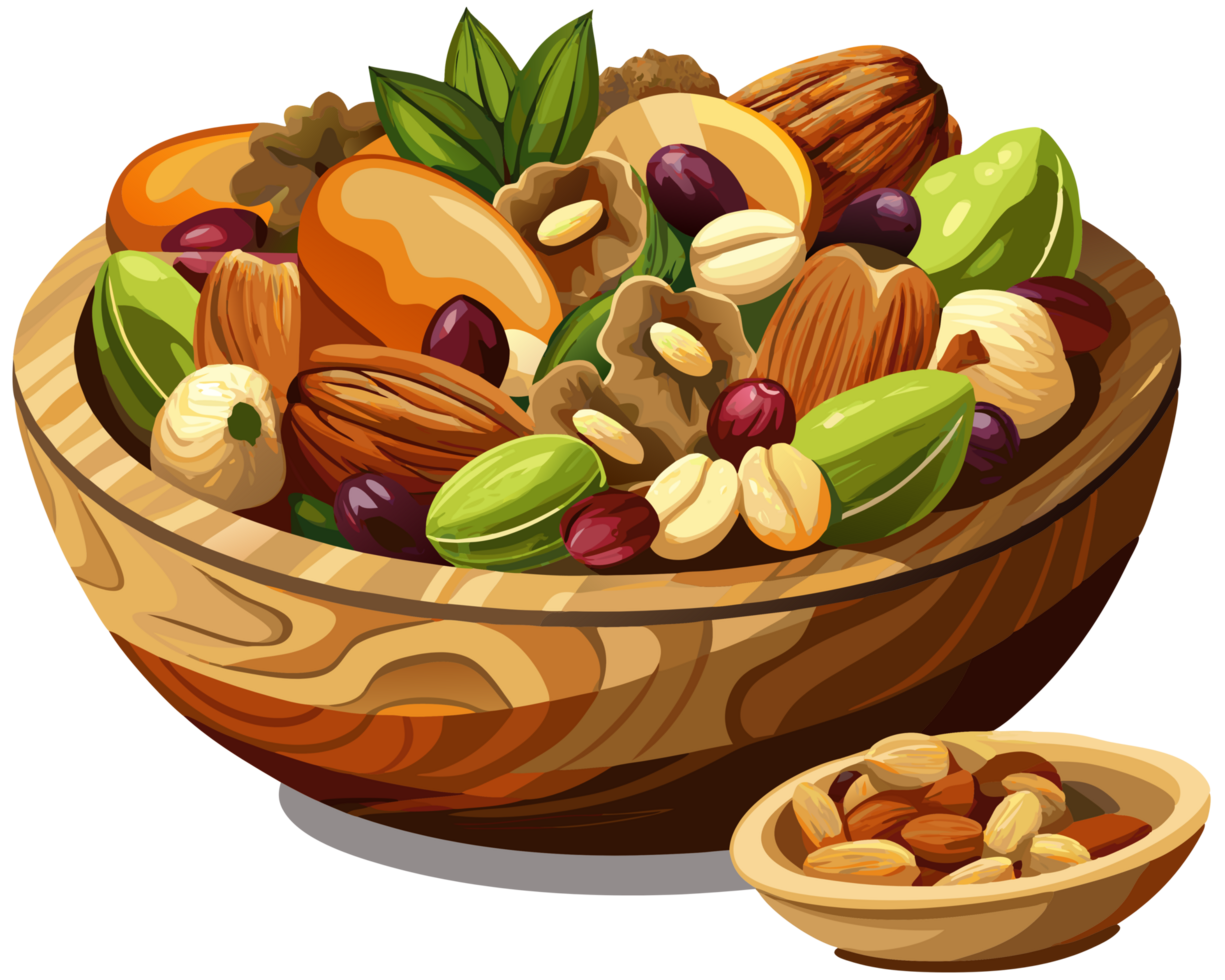 Nut and Dried Fruit Mix in Rustic Wooden Dish png