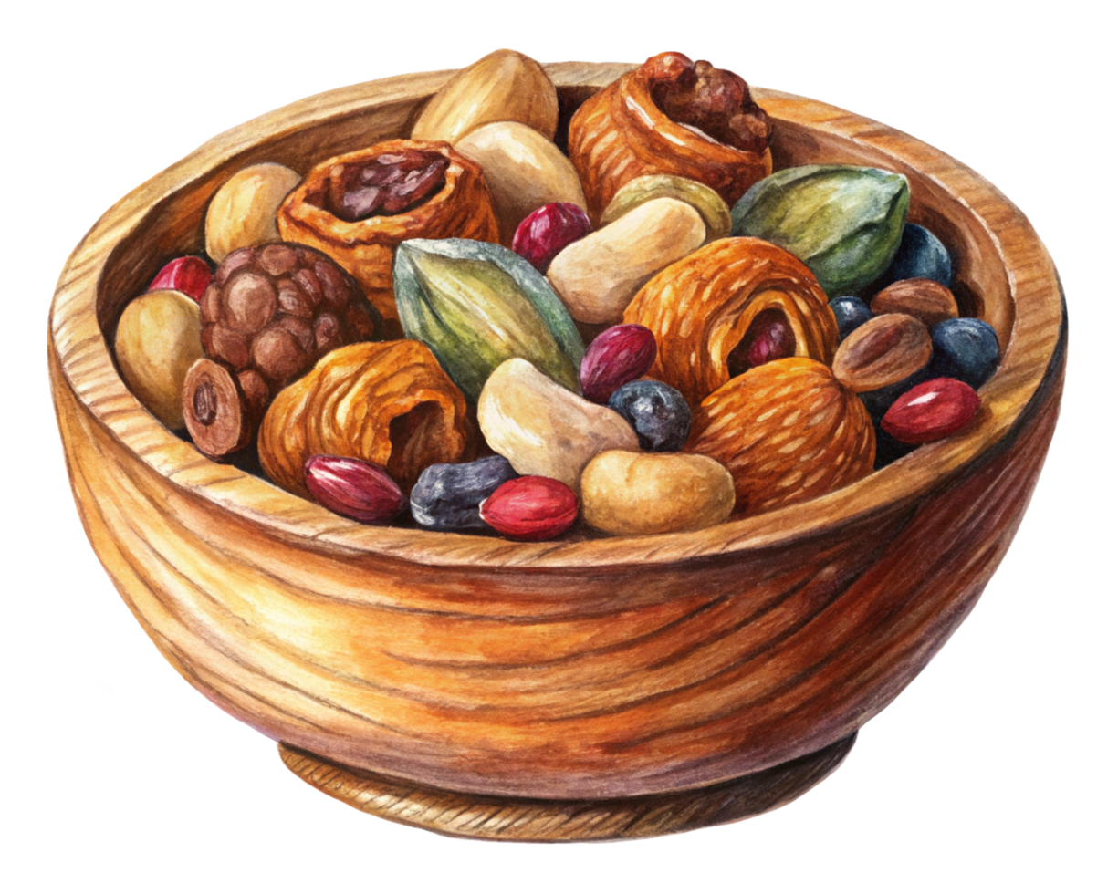 Wooden Bowl with Nutty and Fruity Snack png
