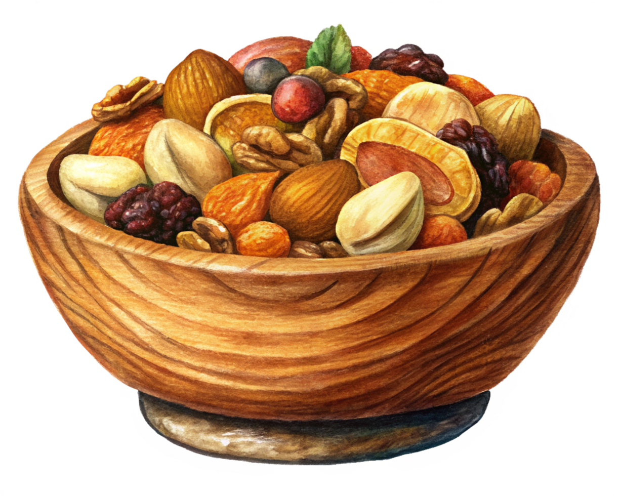 Wooden Bowl with Assorted Mixed Nuts and Fruits png