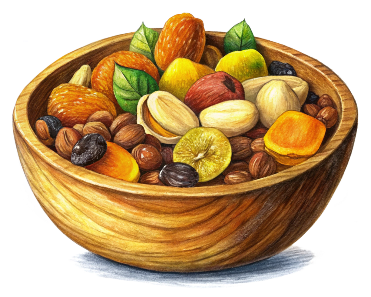 Wooden Bowl of Dried Fruits and Nut Mix png