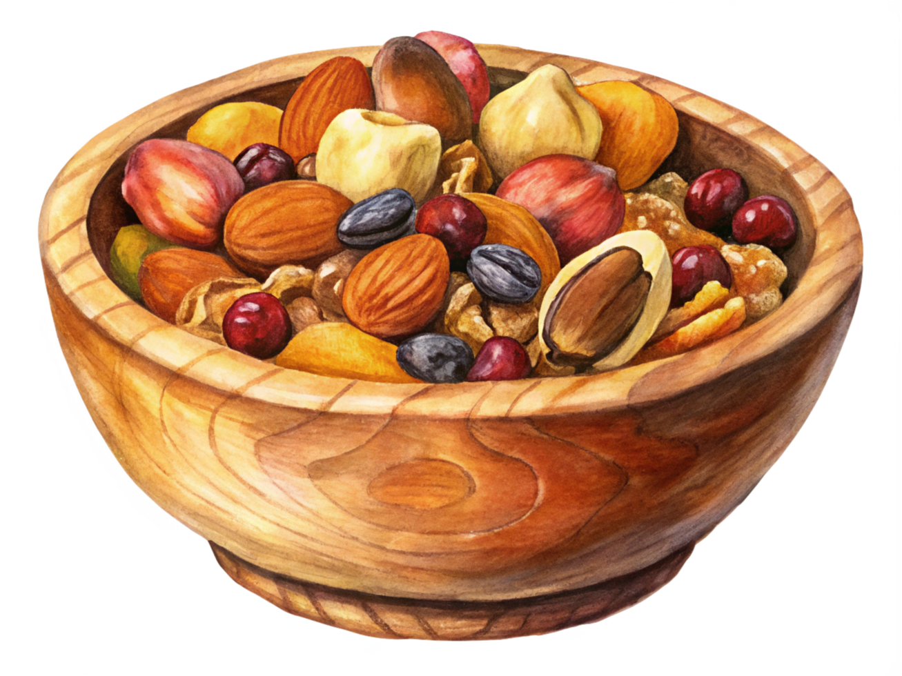 Nut Mix and Dried Fruits in Wooden Bowl png