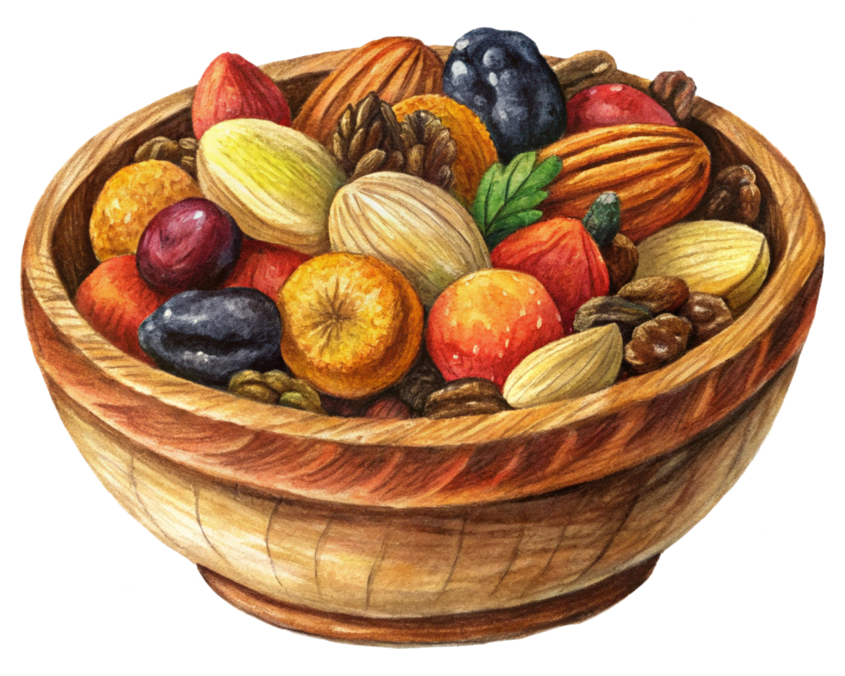 Rustic Wooden Bowl of Dried Fruits and Nuts png