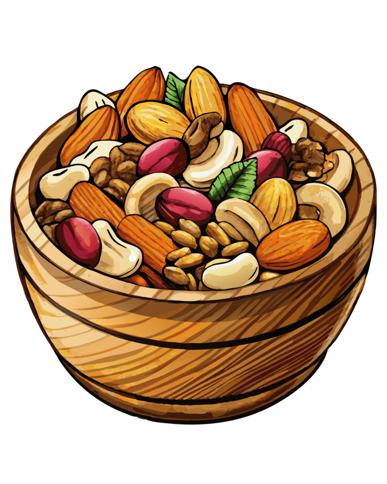 Dried Fruits and Nut Mix in Wooden Bowl for Healthy Snack png