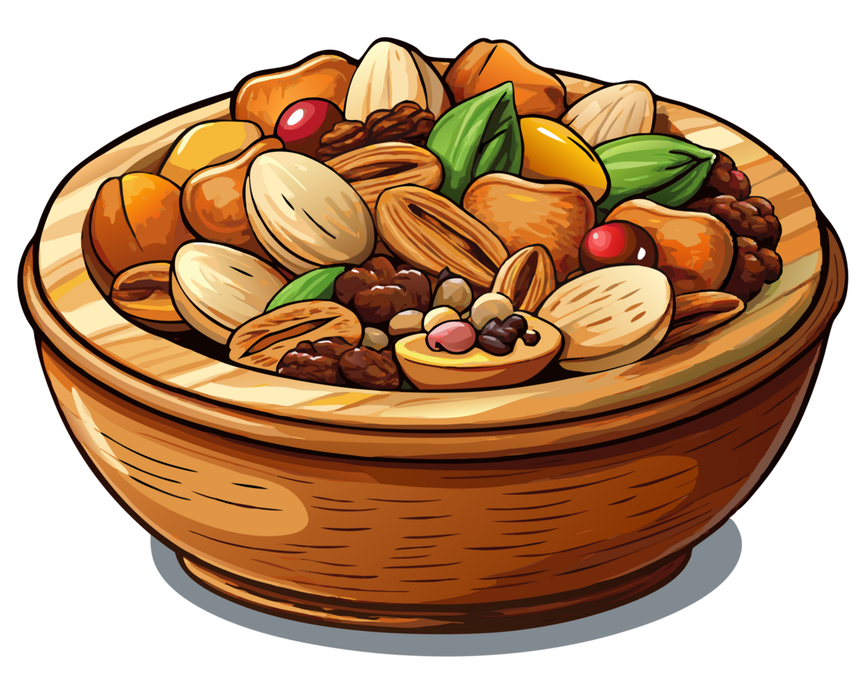 Nutritious Snack Mix in a Wooden Bowl png