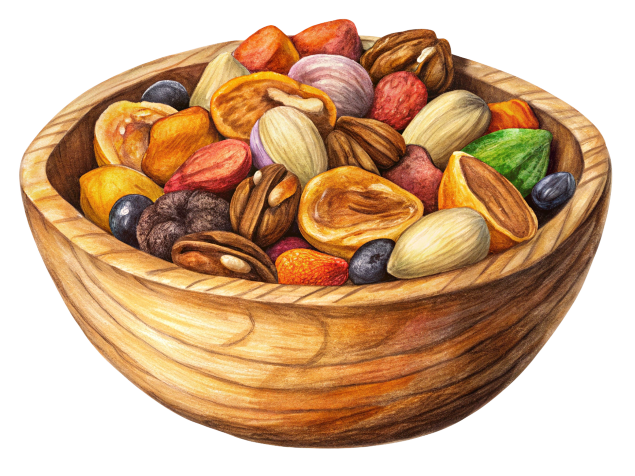Natural Snack of Nuts and Dried Fruits in Wooden Bowl png