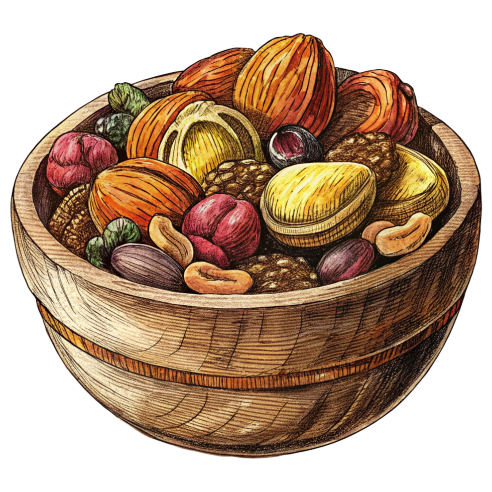 Tasty and Nutritious Mixed Nuts and Fruits in Wooden Bowl png