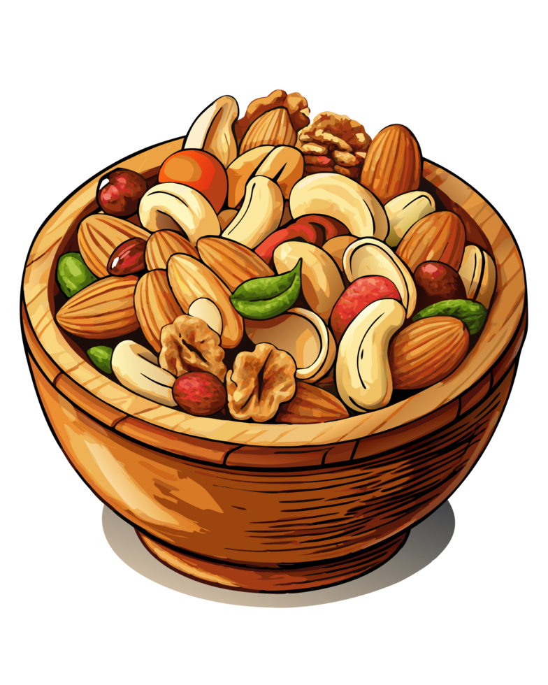 Wooden Bowl Filled with Fresh Nuts and Dried Fruits png